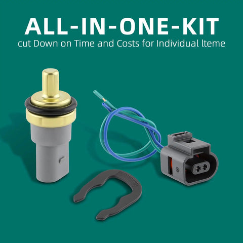 Premium Grade Engine Coolant Temp Sensor Replacement OEM 06A919501 straight swap kit with connector and tools.