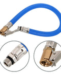 Universal Tire Inflator Hose Kit 2pcs With Copper Locking Air Chuck For All Vehicles Easy Carry Small Size Lightweight Gear To Store Anywhere In Your Garage Or Trunk Ready To Use For Road Trips Or Emergencies When You Need Air For Your Tires. Blue hose with copper locking chuck and threaded connector