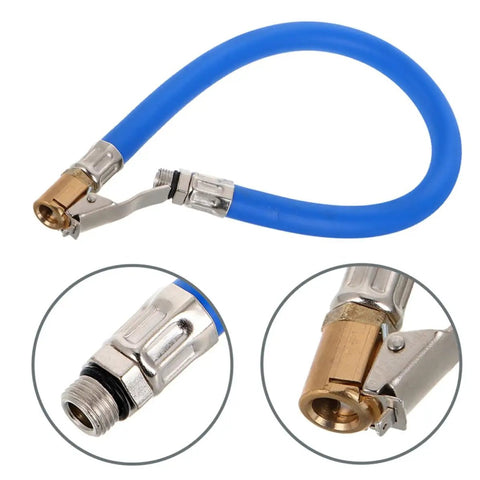 Universal Tire Inflator Hose Kit 2pcs With Copper Locking Air Chuck For All Vehicles Easy Carry Small Size Lightweight Gear To Store Anywhere In Your Garage Or Trunk Ready To Use For Road Trips Or Emergencies When You Need Air For Your Tires. Blue hose with copper locking chuck and threaded connector