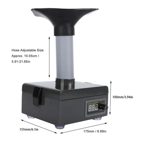 Solder Fume Extractor With 150W Motor And 3 Stage Filtration System 7000 RPM Smoke Evacuator with adjustable hose and dimensions
