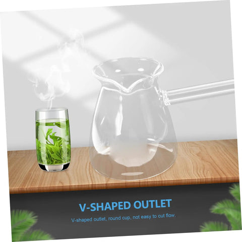 Thickened Glass Turkish Coffee Pot 16 Oz Borosilicate Teapot with side handle, V-shaped outlet on wooden surface