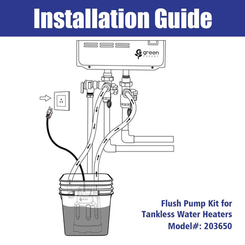 Installation guide for Kickin Heavy Duty Tankless Water Heater Flushing Kit with Pro Level Half Hp Pump and bucket.