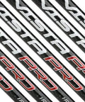 Premium Graphite Iron Shafts For Four Through Pitching Wedge Sets showing Fujikura Vista PRO shafts in a lined arrangement.