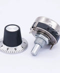 Two Pack Rotary Carbon Potentiometer Set With Knobs WTH118-2W 10K Ohm, Single Turn Top Adjustment, 2W Power, Round Shaft, 3 Terminals