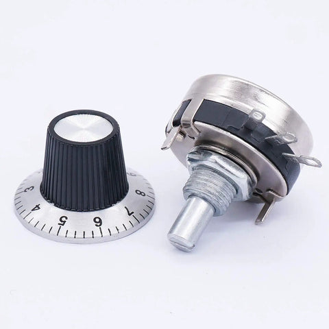 Two Pack Rotary Carbon Potentiometer Set With Knobs WTH118-2W 10K Ohm, Single Turn Top Adjustment, 2W Power, Round Shaft, 3 Terminals