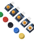 5 Piece Button Switch Module Large Push Button Board With Tactile Keys And Color Covers showing red, green, black, blue, and yellow buttons.