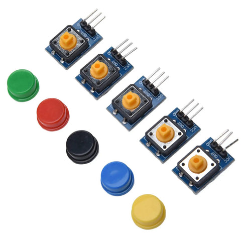 5 Piece Button Switch Module Large Push Button Board With Tactile Keys And Color Covers showing red, green, black, blue, and yellow buttons.