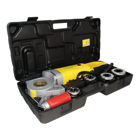Steel Dragon Tools 550 Portable Handheld Pipe Threader Threading Machine in a durable carrying case with die heads and support arm.