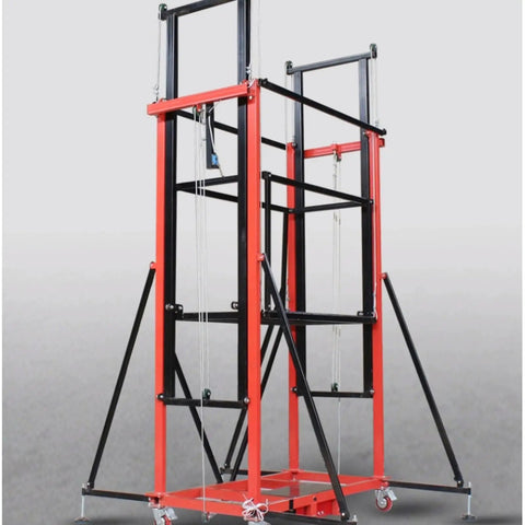 Red and black Electric Scaffolding Machine For Workshop And Warehouse Use, Indoor Outdoor Construction Platform with steel frame.
