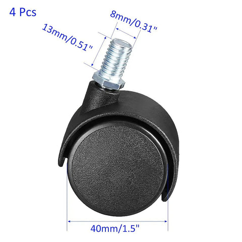 Rollin Smooth With These Top Notch Premium Nylon Caster Wheels 4 Pack 1.5 Inch swivel nylon caster with M8 threaded stem and measurements.