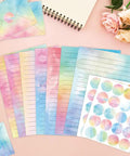 Must Have All In One Letter Writing Stationery Set With 50 Lined Papers And 50 Matching Envelopes Plus 60 Sealing Stickers In A 5.5 By 8.25 Inch Watercolor Design For Home Office And School with colorful papers and stickers displayed.