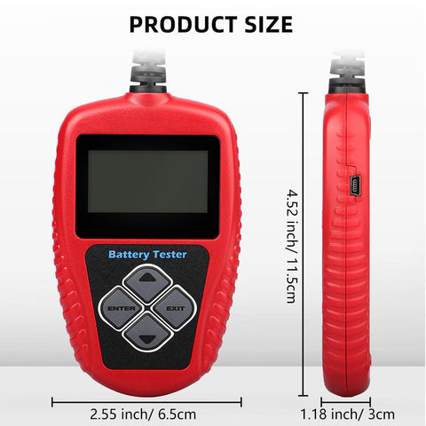 Front and side view of BA101 12V Car Battery Tester Digital Automotive Alternator Meter With 100 to 2000 CCA in red color showing size