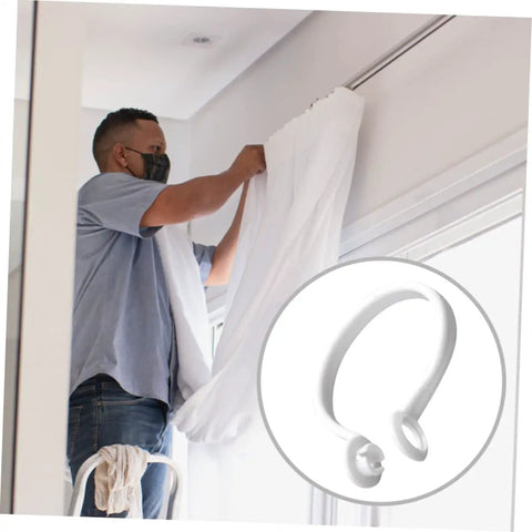 Man installing curtains with 60 Pack Plastic Circular Curtain Rings For Rods With Smooth Glide No Burr, easy install