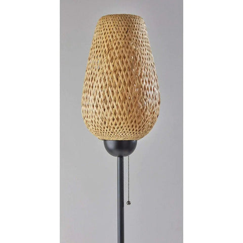 Hugo Table Lantern With Natural Bamboo Shade And Black Metal Finish, showing tall narrow design and easy rocker switch.