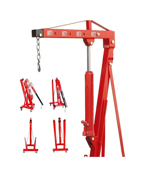 Built Tough No Sweat Heavy Duty 4000 Lb Hydraulic Folding Floor Jack Shop Crane for engine hoisting, showing hydraulic mechanism and collapsible design.