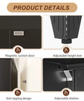 Tall Black Metal Storage Cabinet With Two Doors And Five Adjustable Shelves For Garage And Workshop, Heavy Duty Steel Tool Closet For Home Office Kitchen Pantry File Storage. Product details showing magnetic door, adjustable feet, anti-tipping design and shelves.