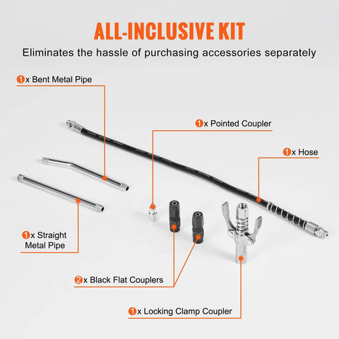 6000 PSI Air Powered Grease Gun For Heavy Duty Lubrication, 14 Oz Load, showing accessories including hoses and couplers