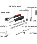 46 Piece One Quarter Inch Drive Socket Ratchet Set with reversible mechanism and comfortable rubber grip handle components