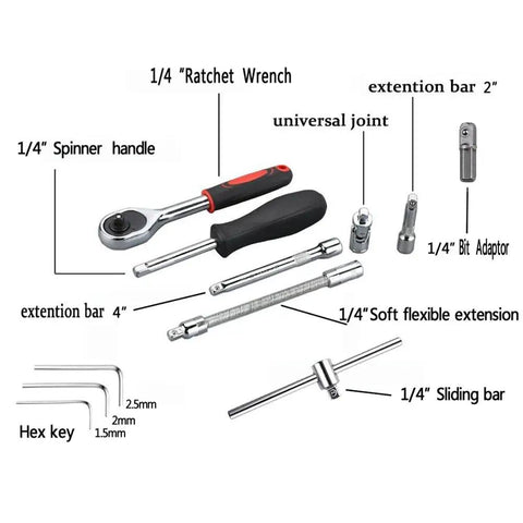 46 Piece One Quarter Inch Drive Socket Ratchet Set with reversible mechanism and comfortable rubber grip handle components