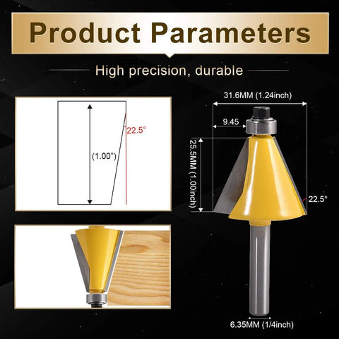 Dope Carbide Tipped Chamfer Router Bit 22.5 Degree Bevel Edging Bit With One Quarter Inch Shank, size details for woodworking