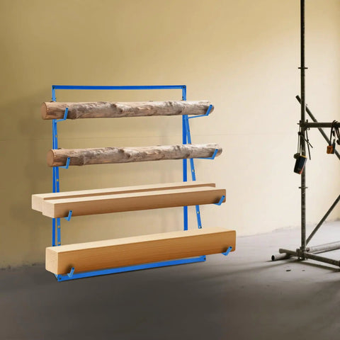 Legit Heavy Duty Steel Cantilever Storage Rack With 440 Lb Capacity adjustable arms displaying wooden planks and logs.