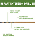 Long Reach 1/8 Inch By 6 Inch Aircraft Extension Drill Bits 6 Pack M2 High Speed Steel Black Gold Coated for durability