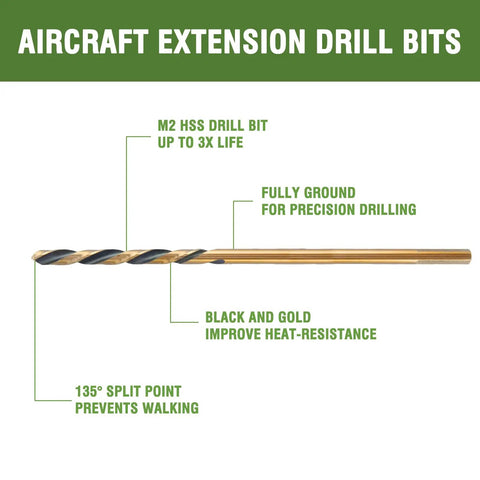 Long Reach 1/8 Inch By 6 Inch Aircraft Extension Drill Bits 6 Pack M2 High Speed Steel Black Gold Coated for durability