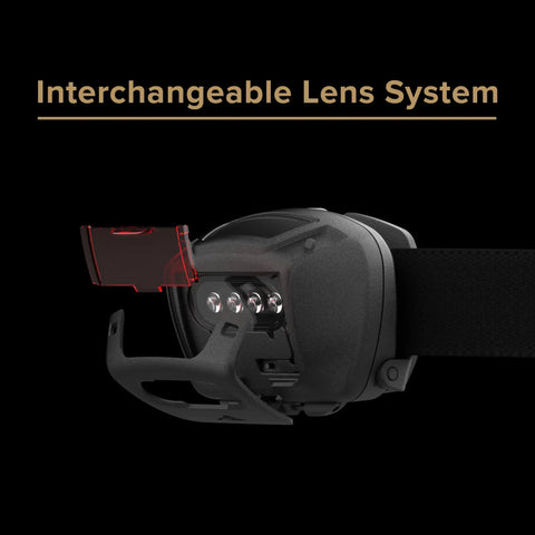 Quad 4 LED Tactical Headlamp With Focused Wide Beam And Multiple Modes showing interchangeable lens system in black finish