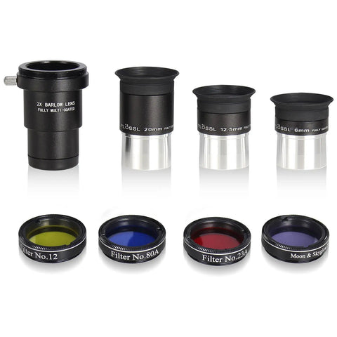 Ultimate Telescope Accessory Kit With 1.25 Inch Plossl Eyepieces (3 Pack), 4 Filters, And 2x Barlow Lens displayed on white background