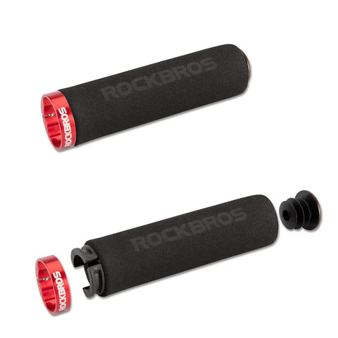 Premium Foam Lock On Bike Grips for mountain biking and more shown in two pieces, black sponge with red lock-on ring, fits 22.2mm bars