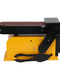 Smooth As Butter Desktop Belt Sander And Disc Grinder Combo Set For Woodworkers showing side view of yellow compact sander.