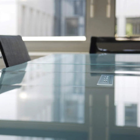 Radiant Furniture Power Center With USB, Recessed Power Strip, 2 Outlets, Type A USB Ports, in a glass conference table