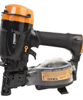 Side view of Pneumatic 15 Degree Rapid Fire Coil Roofing Nailer for Shingles and Sheathing, showing orange and black design.
