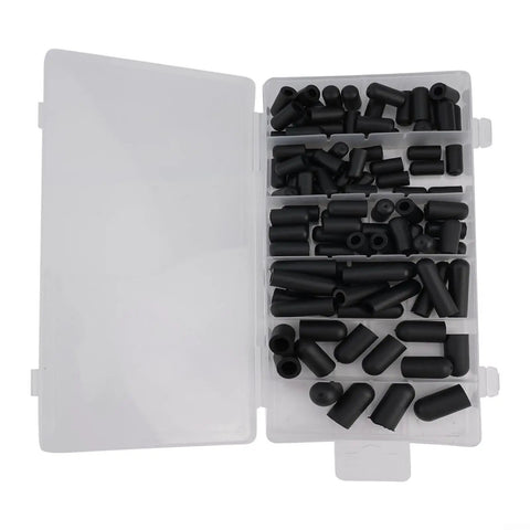 Super Cool 105 Piece Heavy Duty Rubber Vacuum Cap Kit With Nine Sizes For Carburetor Manifold And Auto Hose Ends High Temp Resistant Soft Flexible Assortment In Durable Storage Case opened storage case with black rubber vacuum caps in assorted sizes