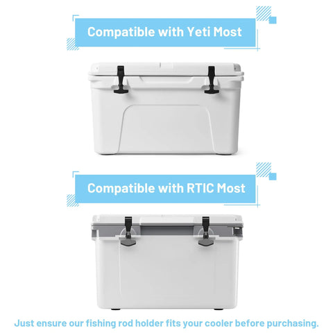 Wall Mounted Cooler Fishing Rod Holder For YETI And RTIC showing cooler compatibility, white and gray coolers side by side.