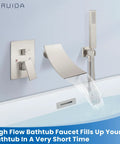 Wall Mount Tub Faucet With Waterfall Spout And Handheld Shower No Sweat Install Single Handle Tub Filler Set With Rough In Valve Curved Chrome Finish Durable Brass Body High Flow 1.44 GPM