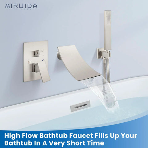 Wall Mount Tub Faucet With Waterfall Spout And Handheld Shower No Sweat Install Single Handle Tub Filler Set With Rough In Valve Curved Chrome Finish Durable Brass Body High Flow 1.44 GPM