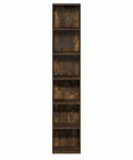 Slick 6 Tier Narrow Closet Organizer In Classic Amber Pine, vertical storage rack with six shelves for home organization.