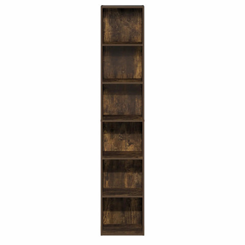 Slick 6 Tier Narrow Closet Organizer In Classic Amber Pine, vertical storage rack with six shelves for home organization.