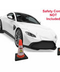 Heavy Duty Reflective Safety Cone Collar Kit For Electric Vehicle Repair Warnings High Voltage Ev Battery Hazard Alerts And Garage Shop Essentials 3 Pack with safety cones beside a car