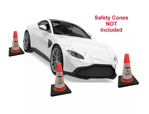 Heavy Duty Reflective Safety Cone Collar Kit For Electric Vehicle Repair Warnings High Voltage Ev Battery Hazard Alerts And Garage Shop Essentials 3 Pack with safety cones beside a car