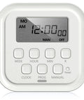 Front view of 7 Day Heavy Duty Digital Timer With Dual Outlets For Lamps Lights Fans And Home Office Appliances 125V 15A 1875W 60Hz