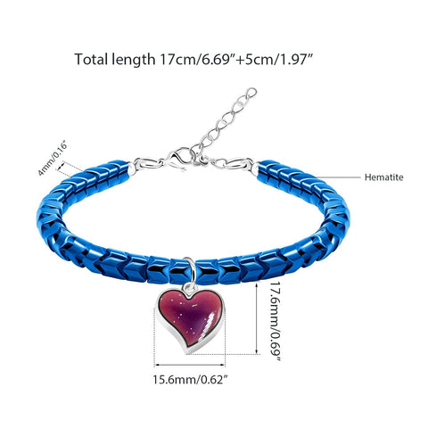 His And Hers Dope Mood Heart Hematite Bracelets Set with blue beads, heart charm, adjustable chain, hypoallergenic stainless steel.