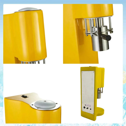 Close-up of a compact electric ice cream maker machine in yellow, featuring stainless steel components and lightweight design.