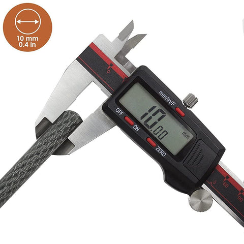 Caliper measuring 10mm thickness of Heavy Duty Security Cable Lock with loops 10mm braided steel weatherproof and cut resistant