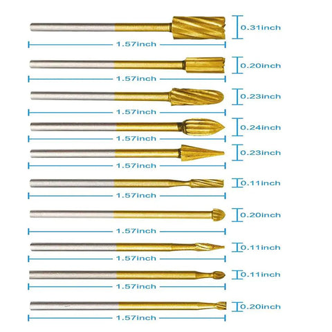10 Piece Long Double Cut Tungsten Carbide Burr Set Pro Grade With One Eighth Inch Shank For Die Grinder And Rotary Tool Diamond Burs For Wood Carving Engraving And Metal Work Forty Millimeter Length Gold, 1.57 inch