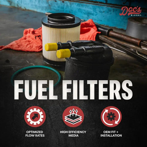 Diesel Fuel Filter FD4615 Replacement for Ford 6.7L Powerstroke Trucks F250 F350 F450 F550 2011 to 2016 displayed on workbench