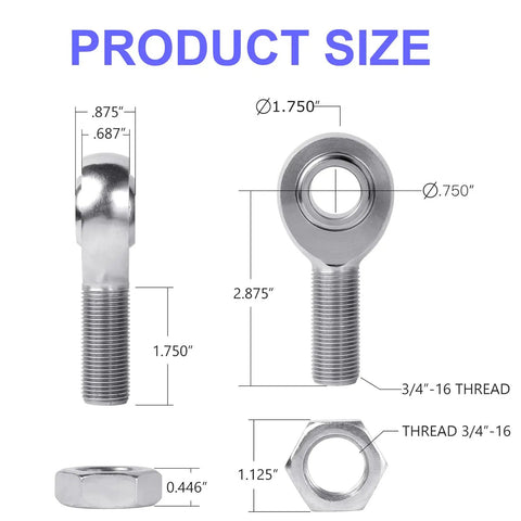 Beefy 3/4 Inch Heim Joint Rod End Kit With Heat Treated Chromoly Sleeves dimensions, including thread sizes and nut specifications.