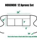 Diagram of 12 Pack Black Waitress Aprons With 3 Pockets, dimensions and extra long straps for women and men.
