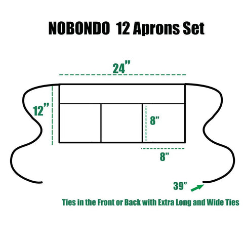 Diagram of 12 Pack Black Waitress Aprons With 3 Pockets, dimensions and extra long straps for women and men.